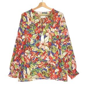 Belle by Kim Gravel Floral Print Blouse Tunic Beaded Tassels Olive/Coral Large